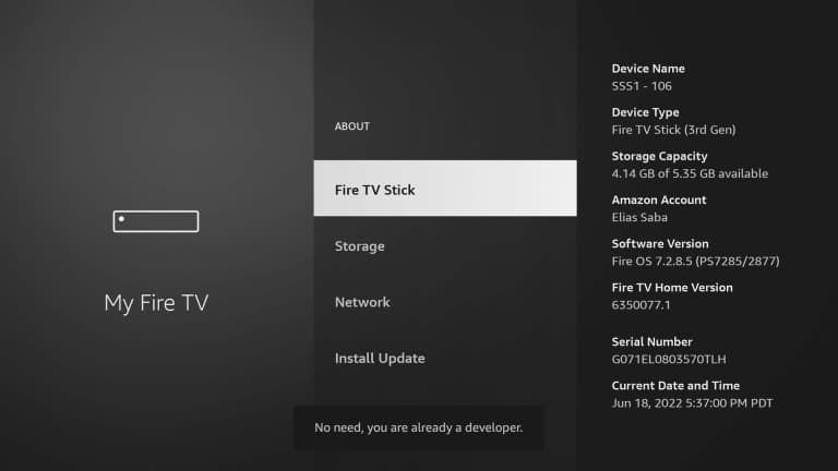 Developer Options menu on Firestick