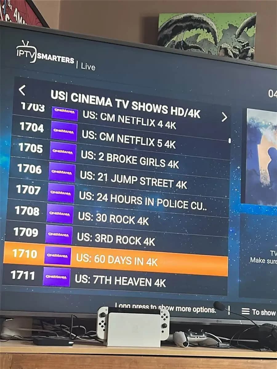 Living room setup with Rove IPTV service on screen
