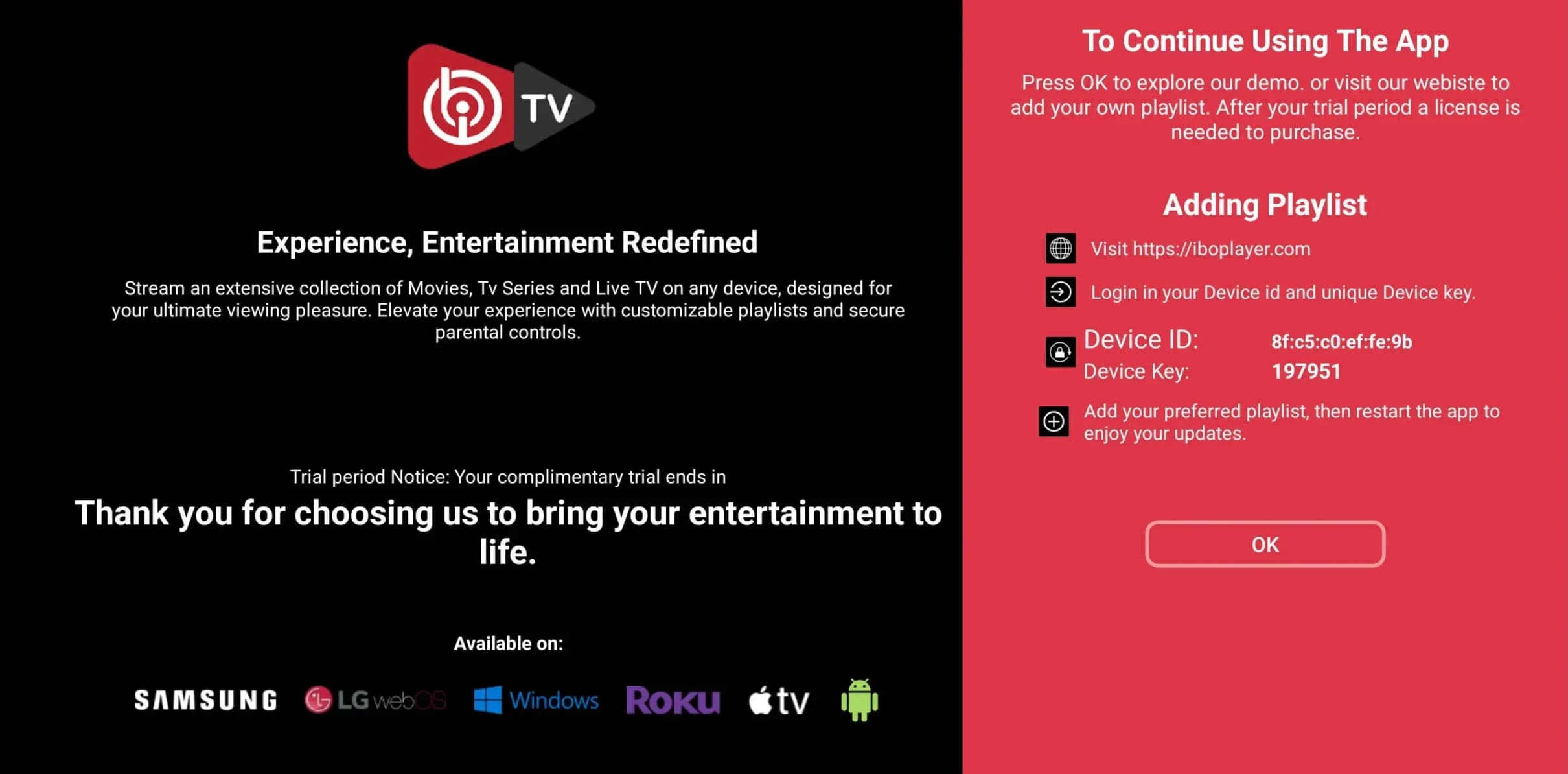IboPlayer channel open on Roku, showing Device ID and Device Key