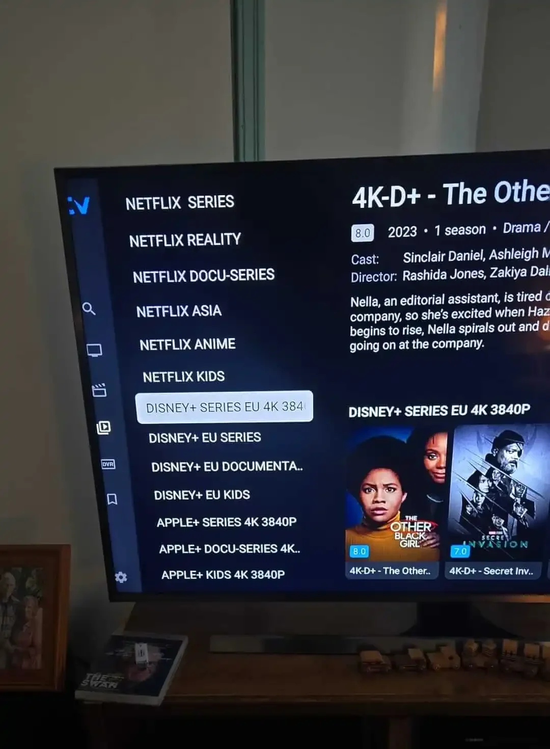 Clean living room setup with Rove IPTV service on screen